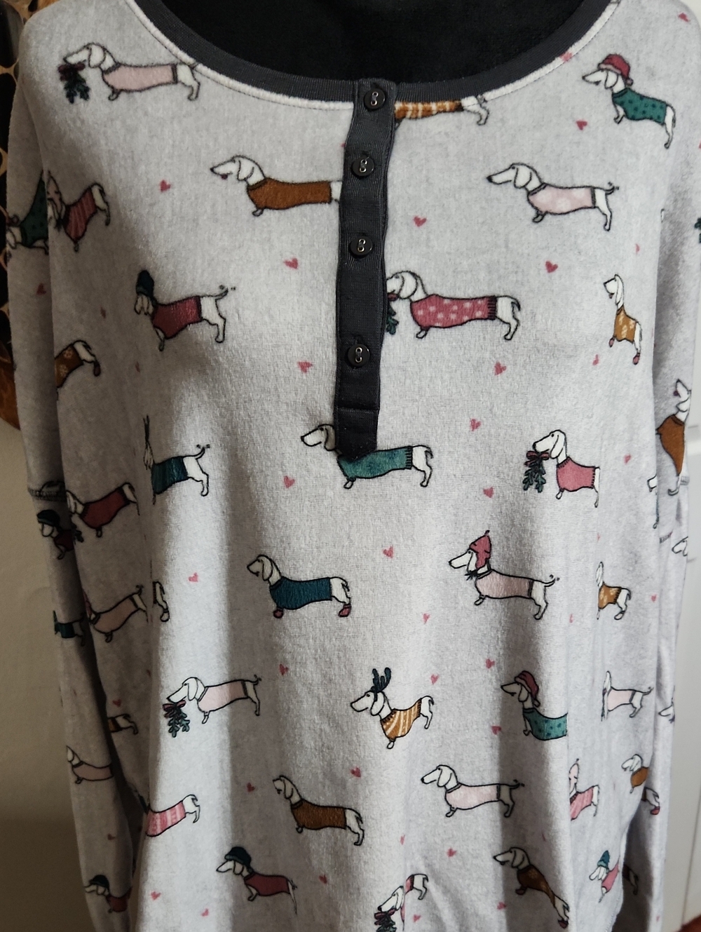 Secret Treasures Gray Long-Sleeve Dachshund Print Henley Cozy Top